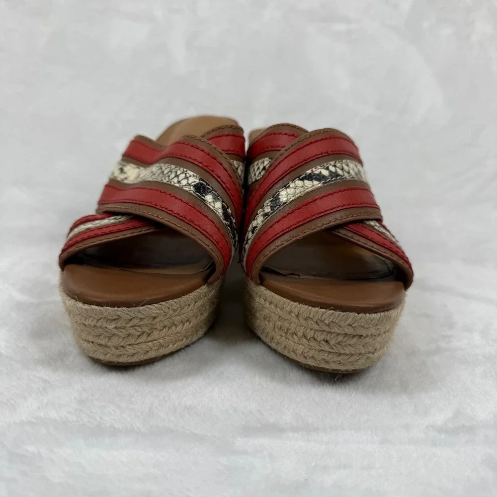 Coach Red Snakeskin Striped Espadrille Wedge Platform Sandals Slides 8.5‎ READ